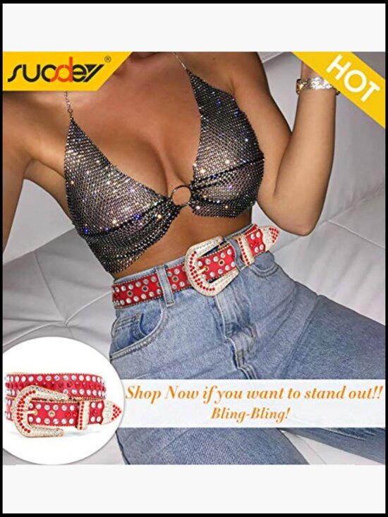 Rhinestone Leather Belt with Removable Buckle for Western Cowboy Outfits main image 5
